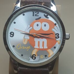 Vtg 2008 M&M Silver/Orange Leather Unisex Watch